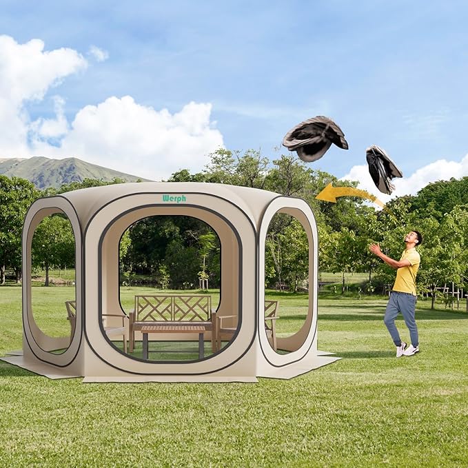 Pop Up Screen Tent Canopy, Portable Screen Canopy with Mosquito Net, Outdoor Screen Room Tent 12 x12 FT with Carry Bag for Lawn & Garden, Parties，Beige