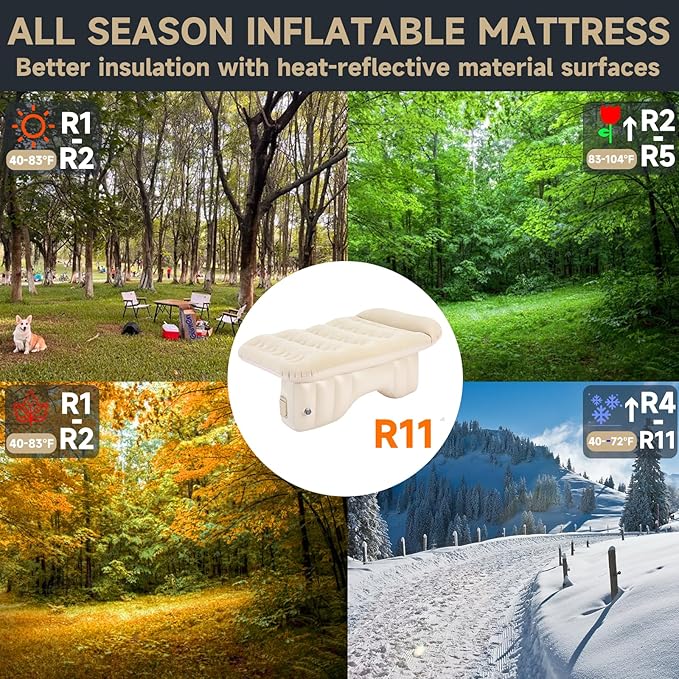 Self-Inflating SUV Air Mattress Back Seat with Built-in Pump - Portable Air Couch for Car Camping Travel, Flocking Surface, Fast Inflation Deflation, Beige Brown