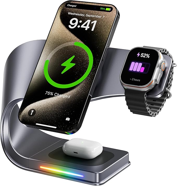 Qi2 Wireless Charger, 3 in 1 Fast Charging Station for iPhone 15/14/13/12, Apple Watch, AirPods, 15W Magnetic Foldable Charging Dock, Portable Wireless Charger Stand for Home, Office, Travel