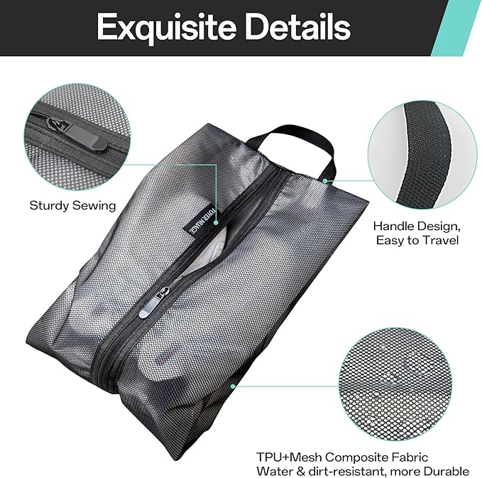 Travel Shoe Bags, Water Resistant TPU Mesh with Zipper, Travel Essentials for Men & Women (Black, 1 Set)