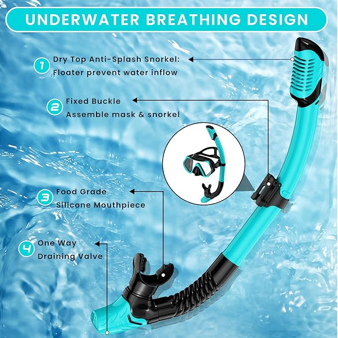Snorkeling Gear for Adults, Adult Snorkel Mask Set Scuba Diving Dry-Top, Swimming Goggles w/Nose Cover, HD Tempered Glass Panoramic Anti-Leak Anti-Fog, Travel Snorkeling Packages Storage Bag, 2 Pack