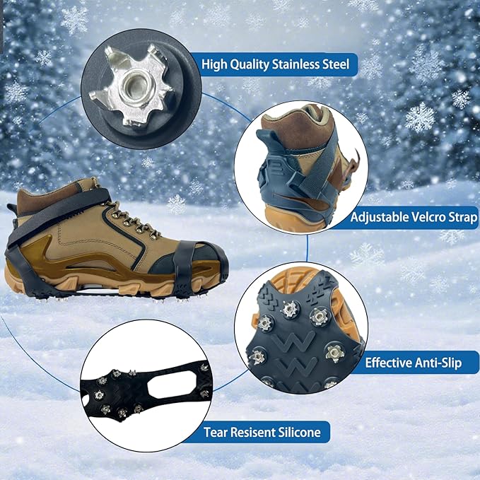 Ice Cleats for Shoes and Boots,Silicone Crampons,11 Stainless Shoe Spikes for Snow and ice,Heavy Duty Traction for Hiking,Climbing &Mountaineering,Ice Fishing (Ultra-Cold -45°C, Easy On/Off，Unisex)