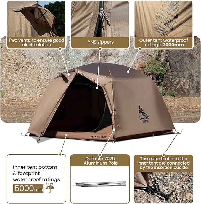 OneTigris JOVIAN 4 Person Camping Tent 3 Season Family Shelter Easy Setup Outdoor Backpacking with 2000mm Outer Rainfly, 5000mm Bottom & Waterproof Floor Mat