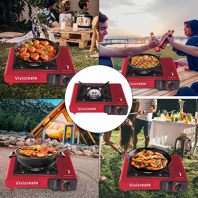 Vivicreate 8500 BTU Portable Butane Gas Stove for Camping Cooking Outdoor, Lightweight Portable Stove Burner with Auto Ignition, Estufa de Gas Portátil para Camping al Aire Libre(Red)