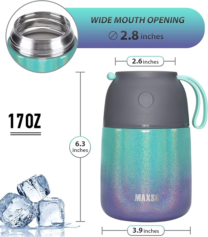 MAXSO Soup Thermo for Hot & Cold Food for Adults Kids, 17 oz Vacuum Insulated Steel Lunch Container Bento Box with Spoon, Leakproof Thermal Food Jar for School Office Travel - Rainbow