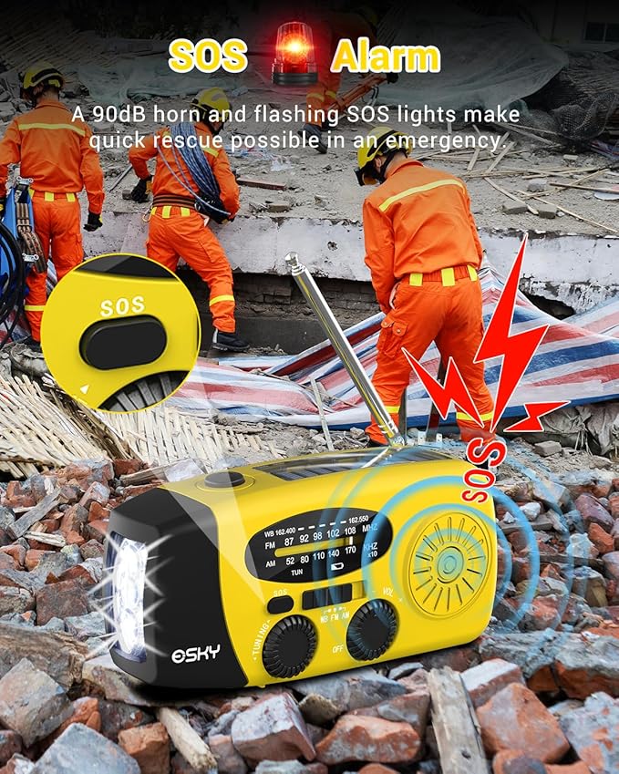 Esky Emergency Hand Crank Radio with 3 LED Flashlight, AM/FM/NOAA Portable Weather Radio with 2000mAh Power Bank Phone Charger, Solar Powered USB Charged Radio for Indoor Outdoor Camping, SOS Alarm