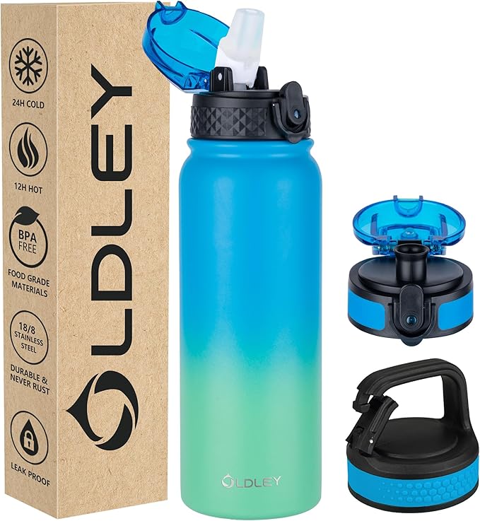 Oldley Insulated Water Bottle 20oz Water Bottles with Straw, Stainless Steel Water Bottle with 3 Lids, Double Wall Vacuum Bottles for Adult Kids, Sports Bottles for School Travel, Tropical Rainforest
