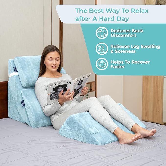 6pc Adjustable Orthopedic Wedge Pillow Set – Relieve Acid Reflux, Snoring, Back Pain & Post-Surgery Discomfort (Light Blue)