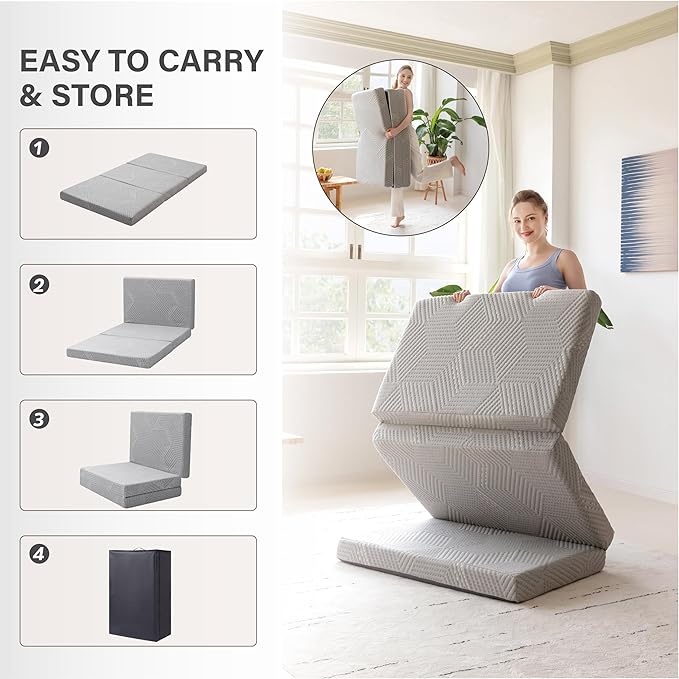 MLILY Tri-Fold Memory Foam Mattress, 4 inch Full Folding Mattress with Collapsible and Washable Cover, Travel and Guest Mat, 75"×54"×4", Grey