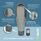 Klymit Sleeping-Bags KLYMIT Wild Aspen Lightweight Mummy Sleeping Bag, Best Gear for Cold Weather Camping, Hiking, Backpacking, Pair with Static V Sleeping Pad (Size Regular to XL)