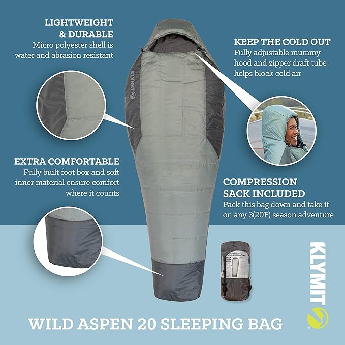 Klymit Sleeping-Bags KLYMIT Wild Aspen Lightweight Mummy Sleeping Bag, Best Gear for Cold Weather Camping, Hiking, Backpacking, Pair with Static V Sleeping Pad (Size Regular to XL)