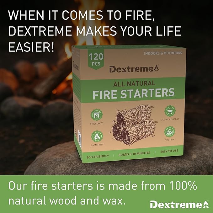 Dextreme Fire Starter (120 PCS) Natural Fire Starters for Campfire, Charcoal Starter, Fireplace, Wood Stove, BBQ, Chimney, Fire Pit, and Grill | All Weather, Odorless, Non-Toxic, w/10 Min Burning Time