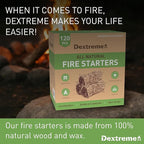 Dextreme Fire Starter (120 PCS) Natural Fire Starters for Campfire, Charcoal Starter, Fireplace, Wood Stove, BBQ, Chimney, Fire Pit, and Grill | All Weather, Odorless, Non-Toxic, w/10 Min Burning Time