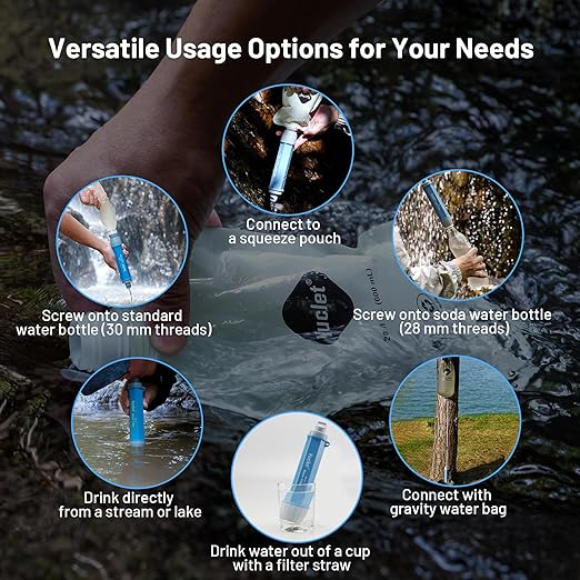 Squeeze Water Filtration System with Four 20-Oz Squeeze Pouches and 0.1 Micron Filter Straw, Portable Water Purifier Survival for Camping, Hiking, Backpacking and Emergency Preparedness