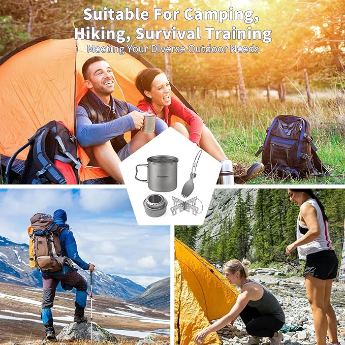 Titanium Camping Cookware 500ml Titanium Cup with Alcohol Stove, Cross Stand & Folding Spork, Lightweight Portable Outdoor Camping Cooking Utensil Set for Backpacking Hiking Traveling
