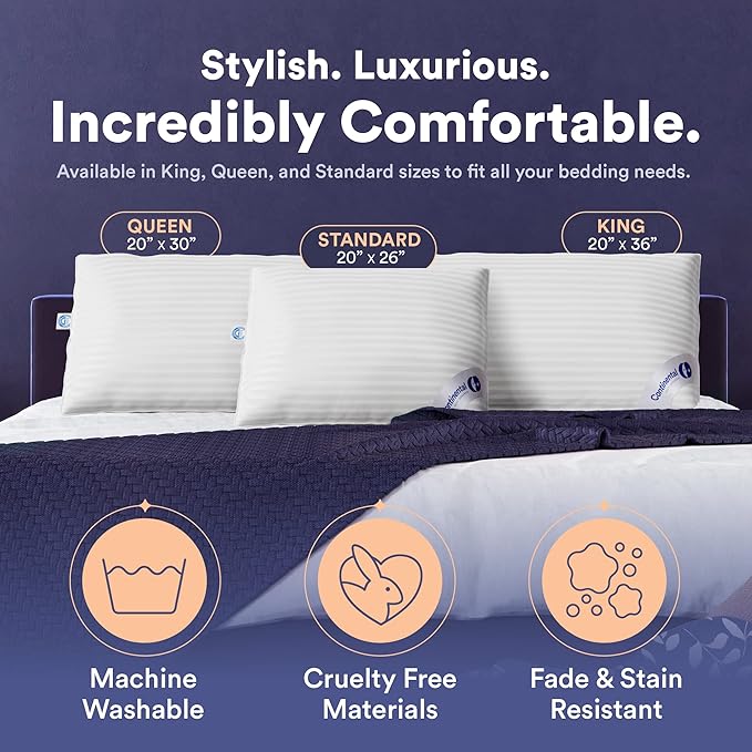 Continental Bedding | Serenity Goose Down Pillow | 700 Fill Power Hungarian White Down | 400TC Cotton Damask Shell | Made in USA | Queen, Medium | 2 Pack