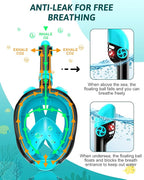 Snorkeling Gear for Kids Teens, Full Face Snorkel Mask & Adjustable Swim Fins Snorkel Set, Panoramic View Snorkel Mask with Dry Top System & Gear Bag, Anti-Fog Anti-Leak