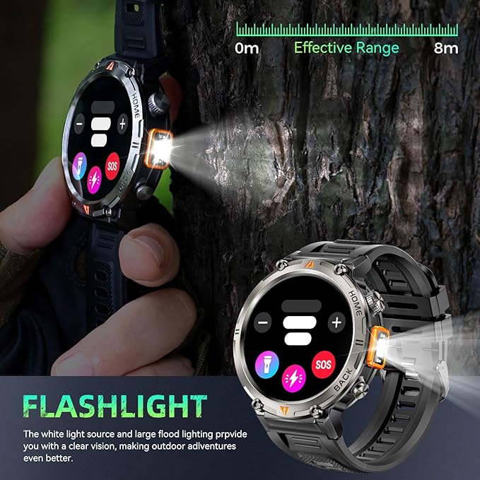 Military Smart Watches for Men Built-in GPS 3ATM Waterproof with Call/LED Flashlight, 1.45" Rugged Tactical Smartwatch with Compass, Fitness Tracker with HR/SPO2/Sleep Monitor for iPhone Android