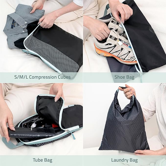 Set of 8 compression packing cubes for travel accessories- Expandable bags for clothing, toiletry, backpacks, organizing essentials (Black & Grey)