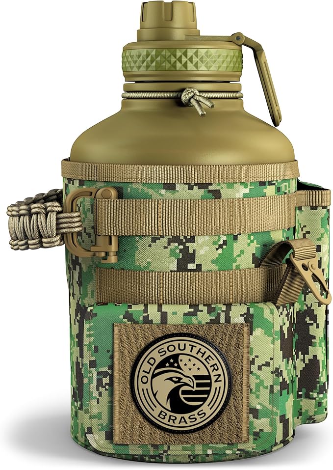 Combat Canteen - 64oz Insulated Water Bottle with Paracord Handle, Stainless Steel Water Jug with Rugged Pockets for Keys, Wallet & Phone - Green Digital