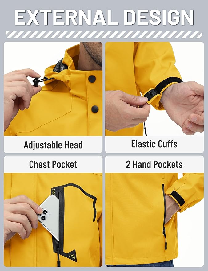 TACVASEN Men's Rain Jacket Lightweight Windbreaker with Hooded Water Resistant Outdoor Raincoat for Hiking Travel Camping