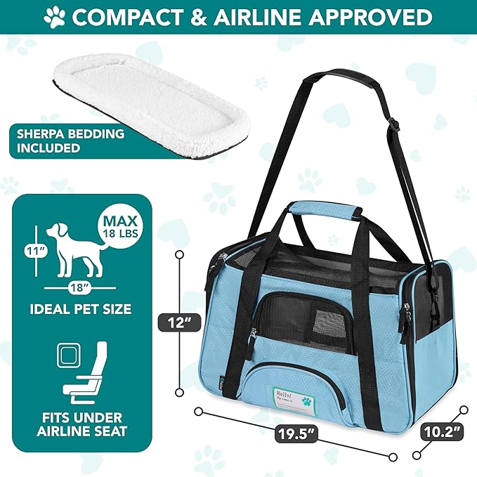 PetAmi Airline Approved Pet Carrier for Cats & Small Dogs, Soft Sided TSA Travel Carrier Bag with Sherpa Bed, Breathable Mesh Ventilation, Collapsible Bowl, Fits Under Seat, Up to 18 lbs, Large Blue