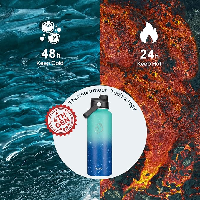 BUZIO Insulated Water Bottle with Straw, 40 oz Stainless Steel Sports Wide Mouth Water Bottle, BPA-Free Flex Cap and Straw Lid, Wide Mouth BPA-Free Sweat-Proof Sports Water Flask, Keep Hot Cold