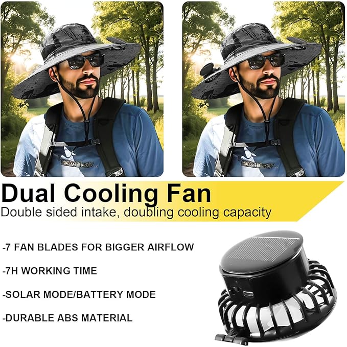 Outdoor Wide Brim Sun Hat with 2 Solar Fan for Men Women UPF50+ Outdoor Hiking Sun Protection Bucket Fishing&Cycling Hat