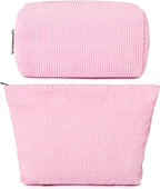 SOIDRAM 2 Pieces Makeup Bag Large Corduroy Cosmetic Bag Capacity Canvas Mix Travel Toiletry Bag Organizer Cute Makeup Brushes Aesthetic Accessories Storage Bag for Women,Corduroy Mix Hot Pink