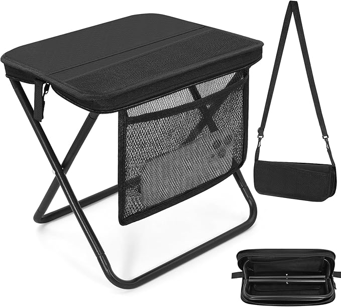Portable Folding Camp Stool with Side Pocket, Lightweight Foldable Camping Stool for Adults, Backpacking Travel Fishing Stool Mini Chair, Compact Folding Seat with Storage Bag