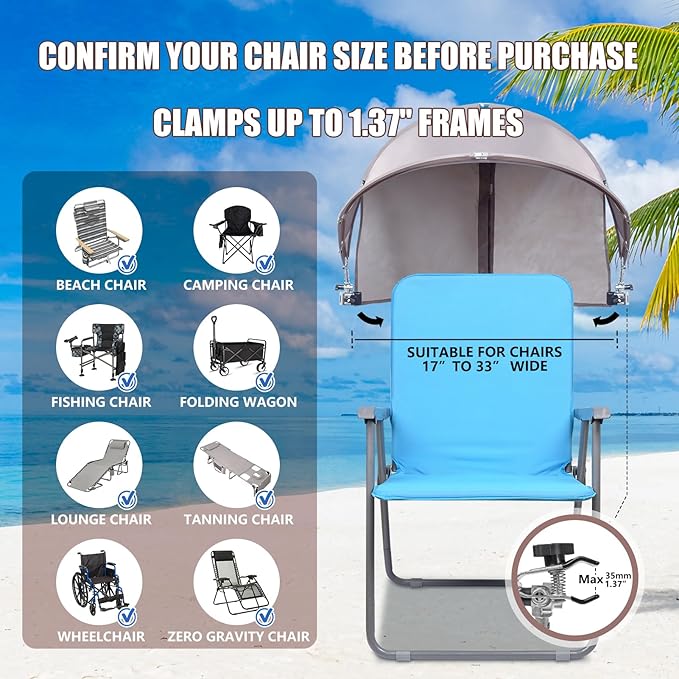 XL Universal Chair Canopy Umbrella, UPF 50+ Foldable Sun Shade Attachment with Adjustable Clamp, Fits Most Brands’ Beach, Camping, Lawn, Tanning, Zero Gravity, Lounge & Fishing Chairs