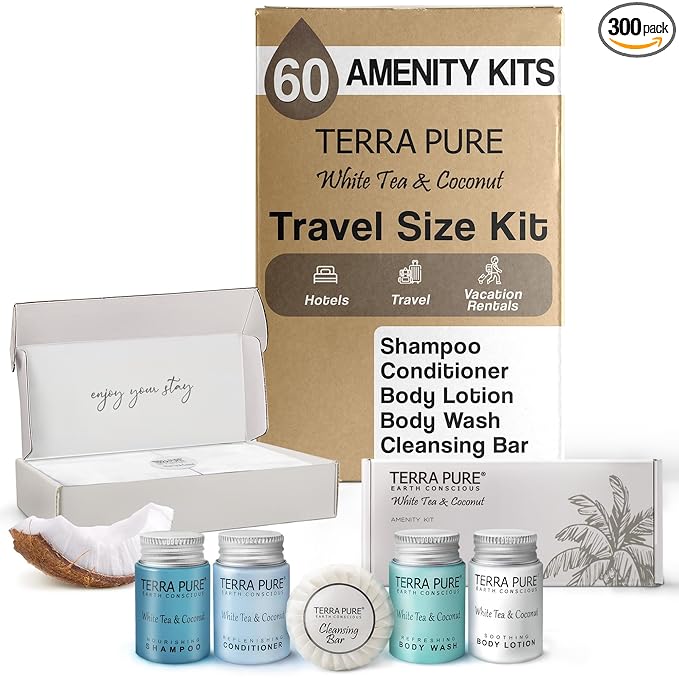Terra Pure White Tea & Coconut Amenity Kit | Hotel Bulk Toiletries | 1 oz Shampoo, Conditioner, Lotion, Body Wash, Cleansing Bar for Guest Hospitality Vacation Rentals | 60 Sets/Case