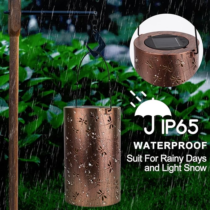 Boho Solar Lanterns Outdoor 2 Pack - Birthday Gifts for Women Mom Grandma Metal Hanging Solar Powered Unique Garden Decorative LED Lights for Outside Yard Patio(Dragonfly 2 Pack)