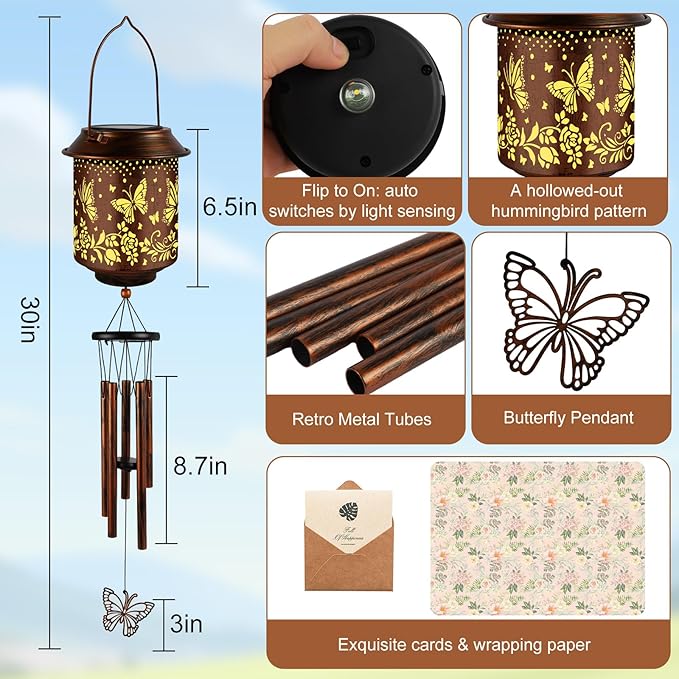 Solar Lanterns with Wind Chimes - Garden Decor Set Includes Greeting Card & Gift Wrap Paper, Patio Yard Birthday Gifts for Women, Solar Lanterns Outdoor Waterproof (Butterfly)