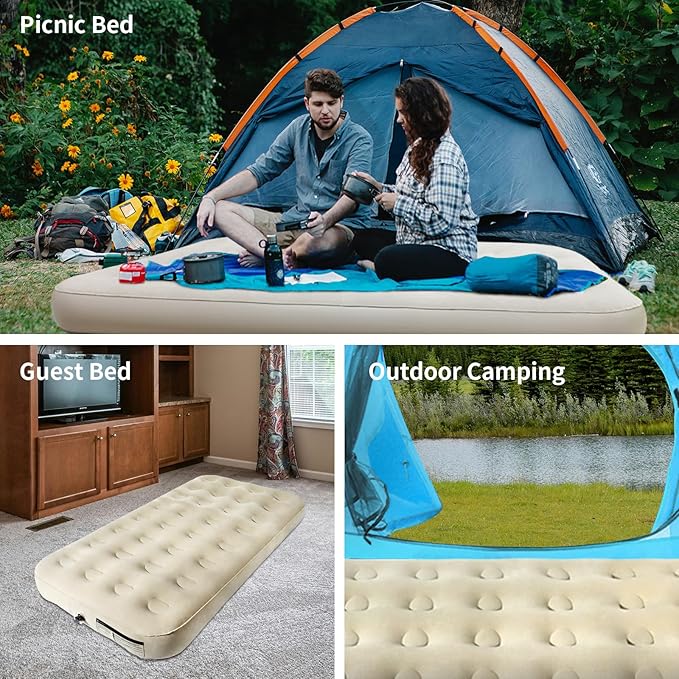 Twin Air Mattress with Fast Inflating Pump, Blow up Mattress of Wave Flocked Top, Durable Air Bed for Home, Camping & Guests 8in Bed Height – 500lb Weight Capacity