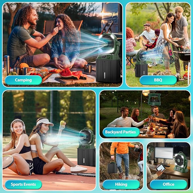 Misting Fan Portable 42800mAh Rechargeable with Remote Control, Mist Fan with 3 LED Light & Stepless Speed Control & Cooling Spray with 6L Bucket, Timer Function, Portable Handle, Rotate Hanging Hook