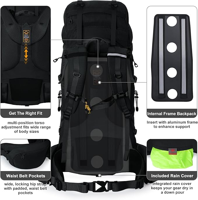 N NEVO RHINO Internal Frame Hiking Backpack 50/60/65/70/80L, Mountain Climbing Camping Backpack Daypack Waterproof Rain Cover