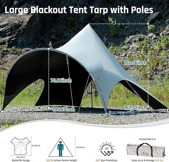 Large Blackout Camping Tarp with Poles Waterproof Shade Canopy Tent Tarp Butterfly-Designed Shelter for Outdoor Camping Backyard - Included Guy Lines & Luminous Tent Stakes (Gray)