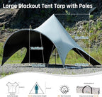 Large Blackout Camping Tarp with Poles Waterproof Shade Canopy Tent Tarp Butterfly-Designed Shelter for Outdoor Camping Backyard - Included Guy Lines & Luminous Tent Stakes (Gray)