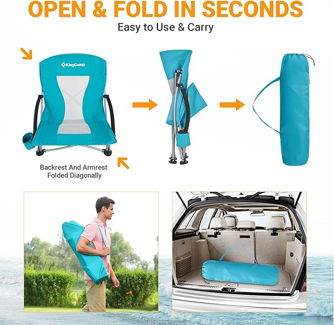 KingCamp Low Beach Chairs, Portable Folding Chair for Adults Extra Wide Ergonomic High Back Seat 300lbs Heavy Duty Lightweight Oversized Gear with Carry Bag for Outdoor Lawn Camping Picnic
