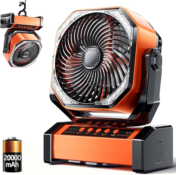 Camping LED Fan with Light, 20000mAh Rechargeable Battery Powered Outdoor Tent Fan with Light and Hook, 4 Speed, Personal USB Desk Fan for Camping, Fishing, Power Outage,Hurricane, Worksite