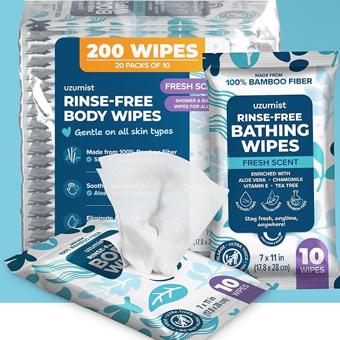 Body Wipes For Adults Bathing No Rinse 200pc XL - Ultra Thick Shower Wipes For Men Women - Personal Cleansing, Hygiene & Camping Essentials, Elderly Care, Travel, Incontinence Disposable Washcloths