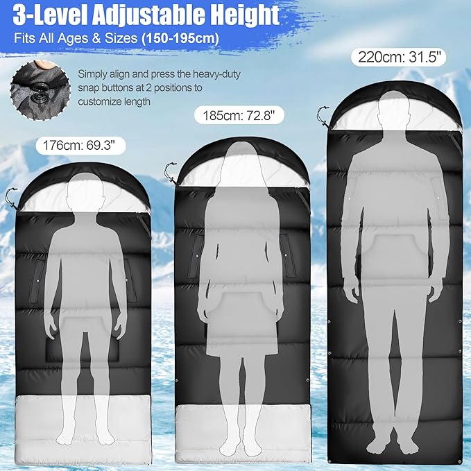 Adjustable Height Sleeping Bag for Adults - Wearable 3-Season Lightweight Waterproof with Arm Ports & Windproof Hood Design for Camping Hiking Backpacking(31.5“x87”)