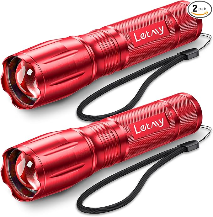 LETMY Tactical Flashlight - 2 Pack Bright Military Grade Flashlights High Lumens - Portable Handheld Flash Light, 5 Modes Zoomable Waterproof Flashlights for Home Emergency Camping- Red