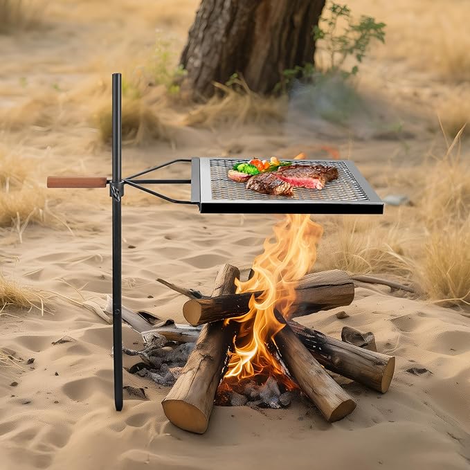 Swivel Campfire Grill Grate, Height 35", 360° Adjustable Heavy Duty Steel Campfire Grill with Insulated Wooden Handle, Portable Fire Pit Cooking Grate, for Camping Outdoor BBQ Cooking Open Fire