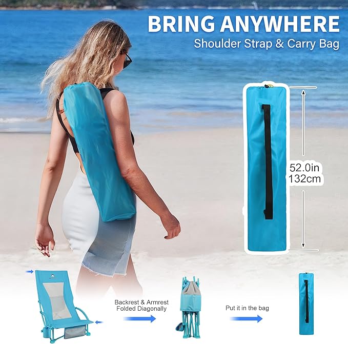 Beach Chairs for Adults 2 Pack,Heavy Duty Folding High Back Camping Chairs w/Cooler Bag,Mesh Back,Cup Holder & Storage Bag,Compact Sling Chair for Lawn,Picnic,Travel,Blue