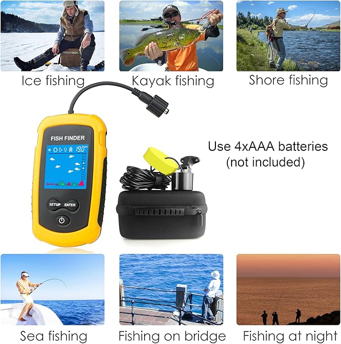 Portable Fish Finder Ice Kayak Fishing Gear Water Depth Finder Handheld Fishfinder with Sonar Transducer and LCD Display