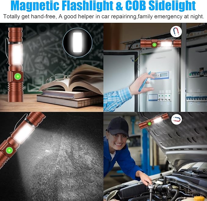 Hoxida Flashlight USB Rechargeable, Magnetic LED Flashlight, Super Bright LED Tactical Flashlight with Cob Sidelight, Waterproof, Zoomable Best Small LED Flashlight for Camping, Emergency - Brwon