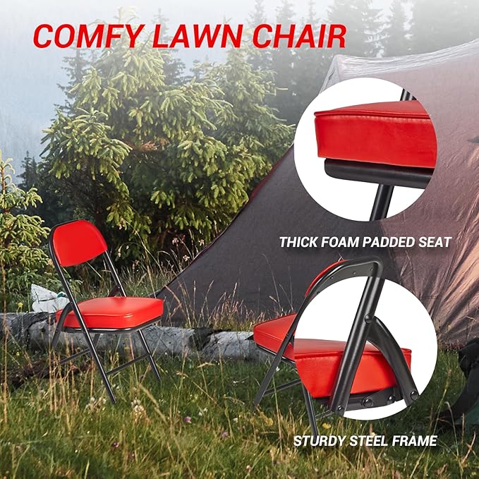 Mini Padded Folding Chairs, Garage Stool, Portable Camping Chair with Cushion, Lightweight Lawn Chair, for Outdoor Sports Events, Patio, Fishing, Hiking, Hunting, Picnic, Beach, Red