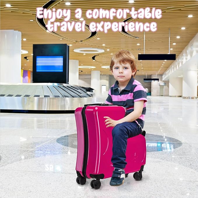 Kids Ride On Suitcase with Wheels, Scooter Luggage for Toddlers Travel, Durable Children's Suitcase for Boys & Girls Ages 2-15 Years Rose Red